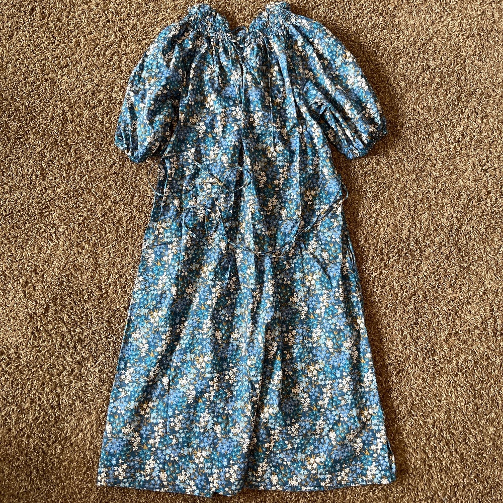 J Crew Liberty Sea Blossoms Blue Floral Smocked Neck Puff Sleeves Dress Size S